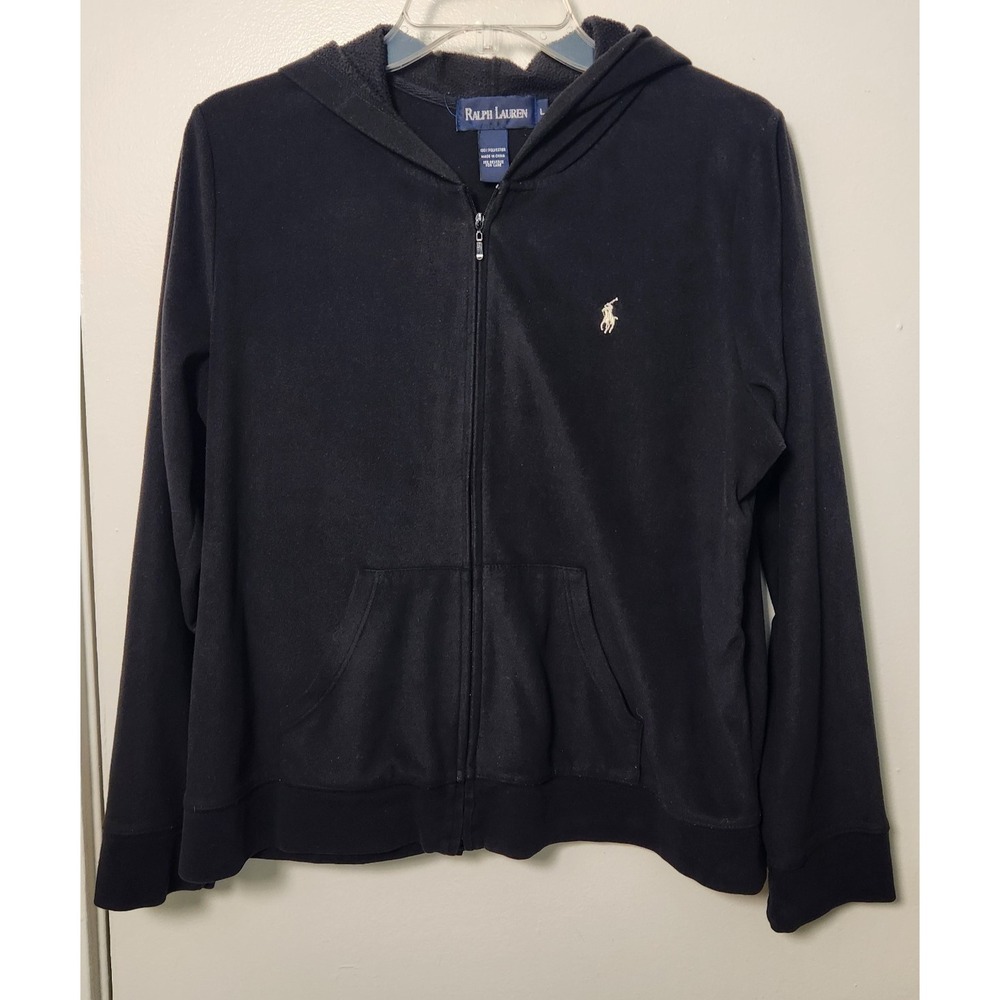 Ralph Lauren Black Full‎ Zip Black Hoodie Pockets White Embroidered Pony Large